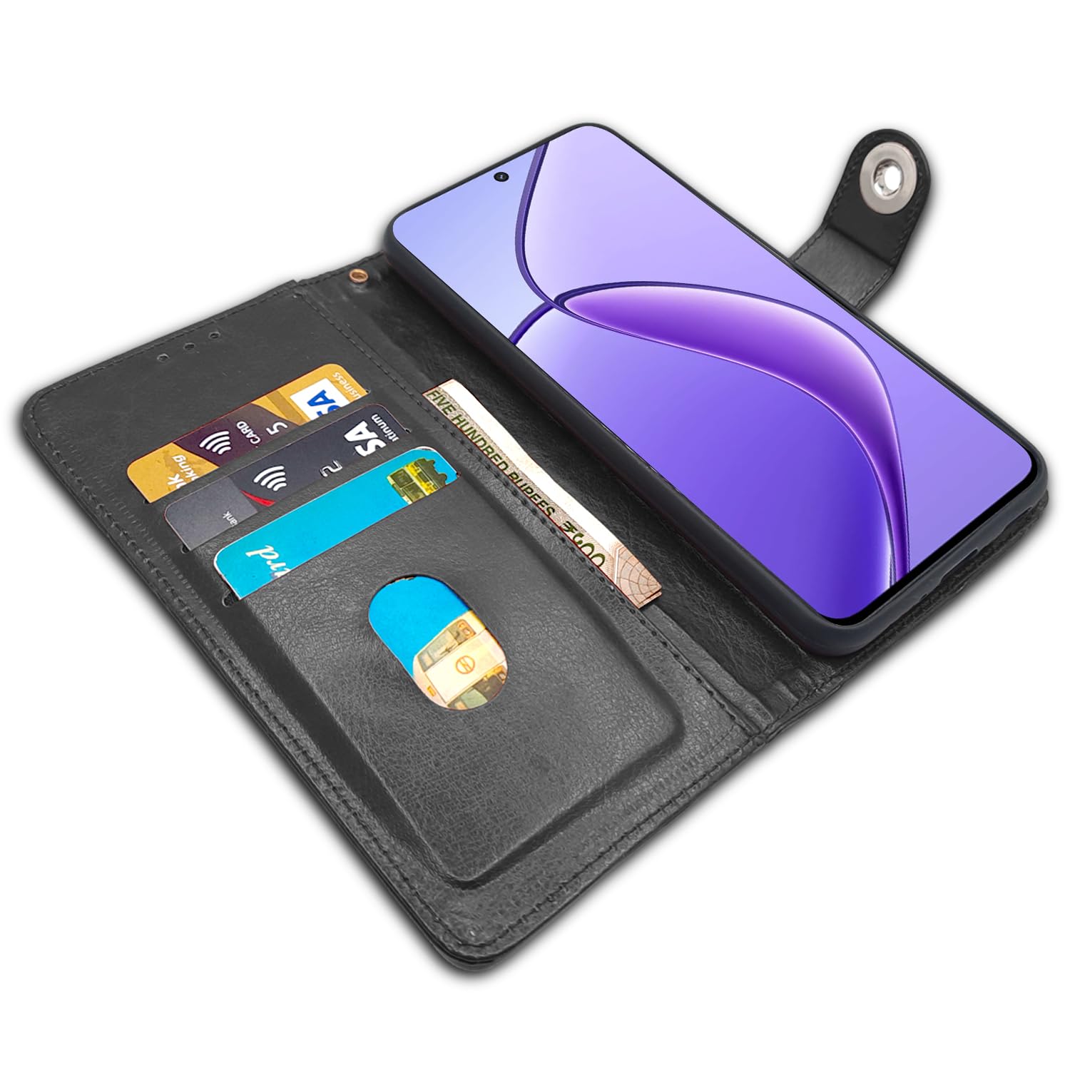 Realme Narzo 70x 5G/N65/13/12/12X 5G/C65 Button wallet flip cover in black by Pikkme – photo 3