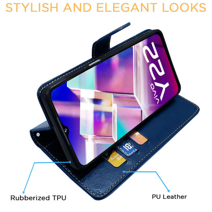 Vivo Y22 Magnetic mobile flip cover in blue & brown by Pikkme – photo 5