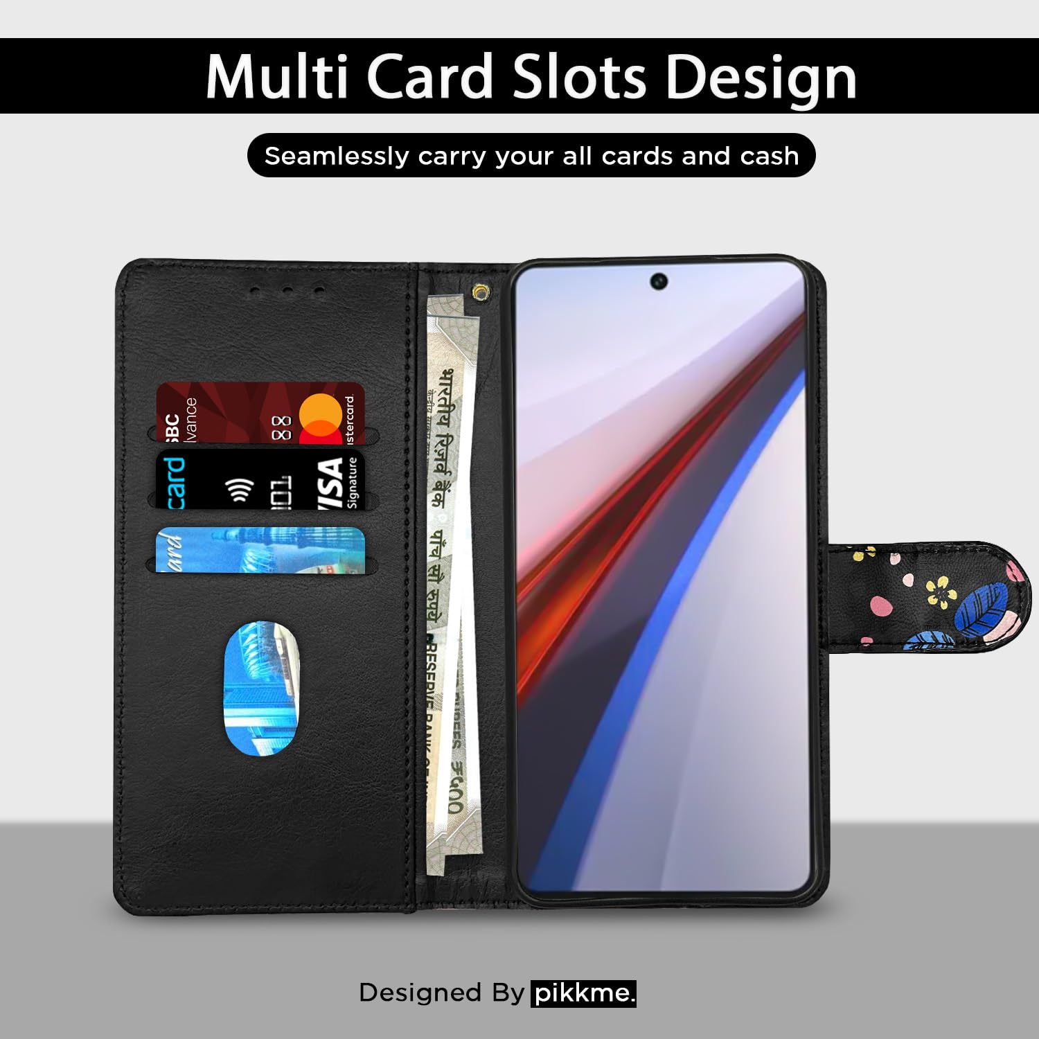 Pikkme iQOO 12 5G Wallet black flower flip cover – photo 3