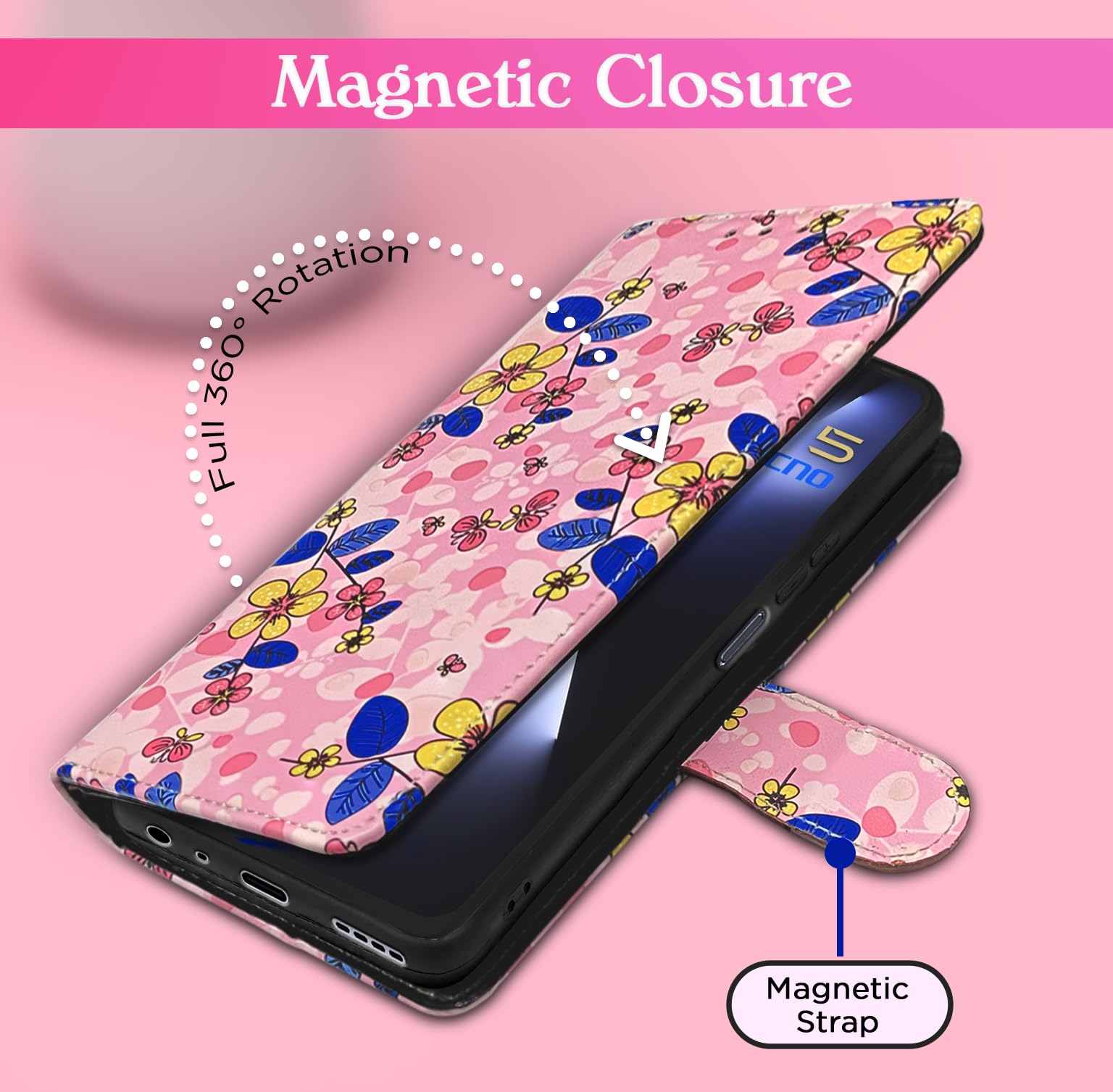 Pikkme Tecno Pova 5/Pova 5 Pro 5G pink flower wallet flip cover – photo 2