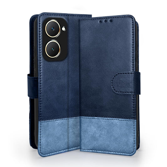 Pikkme Vivo Y03 4G Flip Case Contrast Leather Finish (Navy Blue)