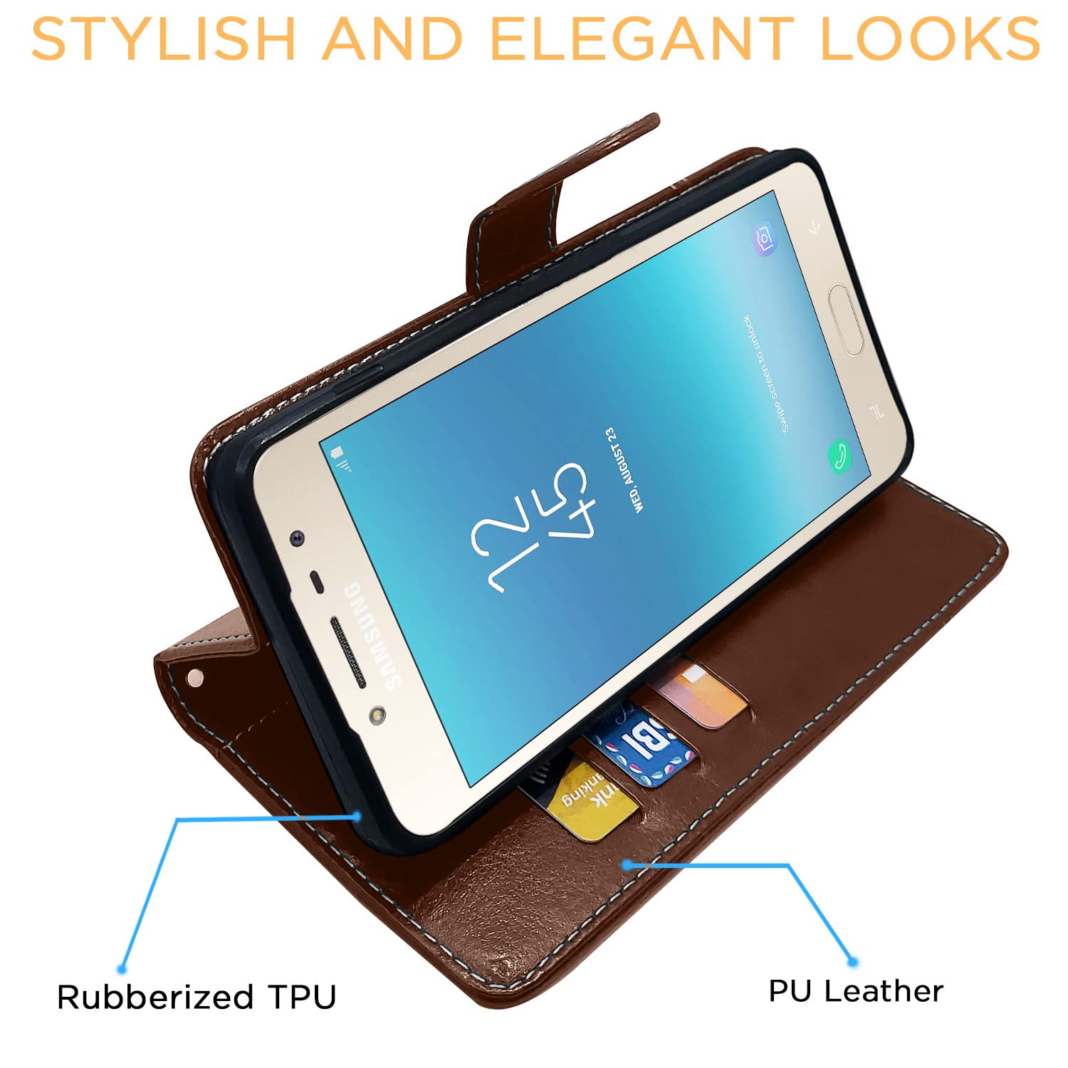 Samsung J2 (2018) mobile flip cover in brown & coffee by Pikkme – photo 5