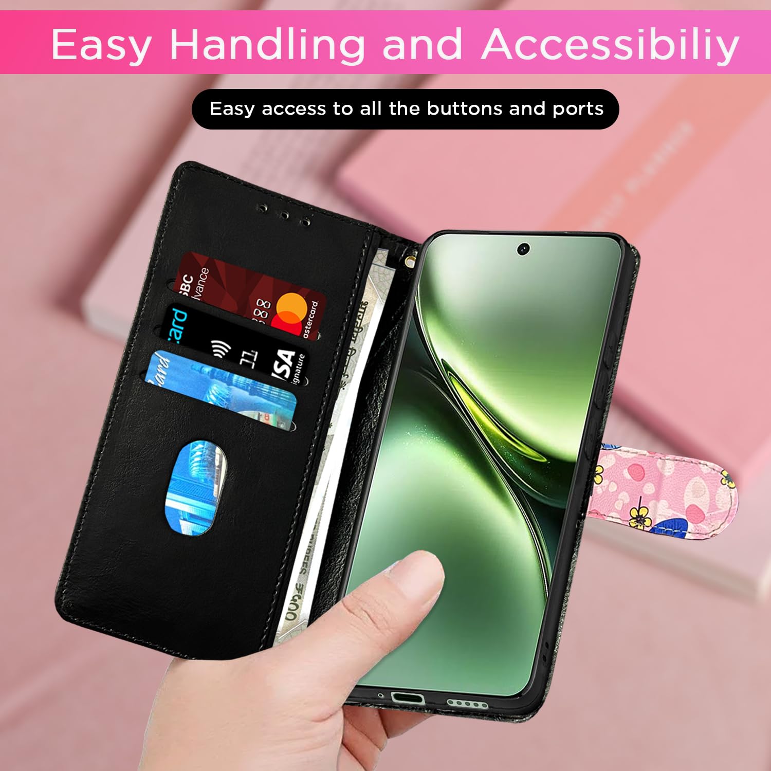 Pikkme Vivo X200 5G Wallet pink flower wallet flip cover – photo 7