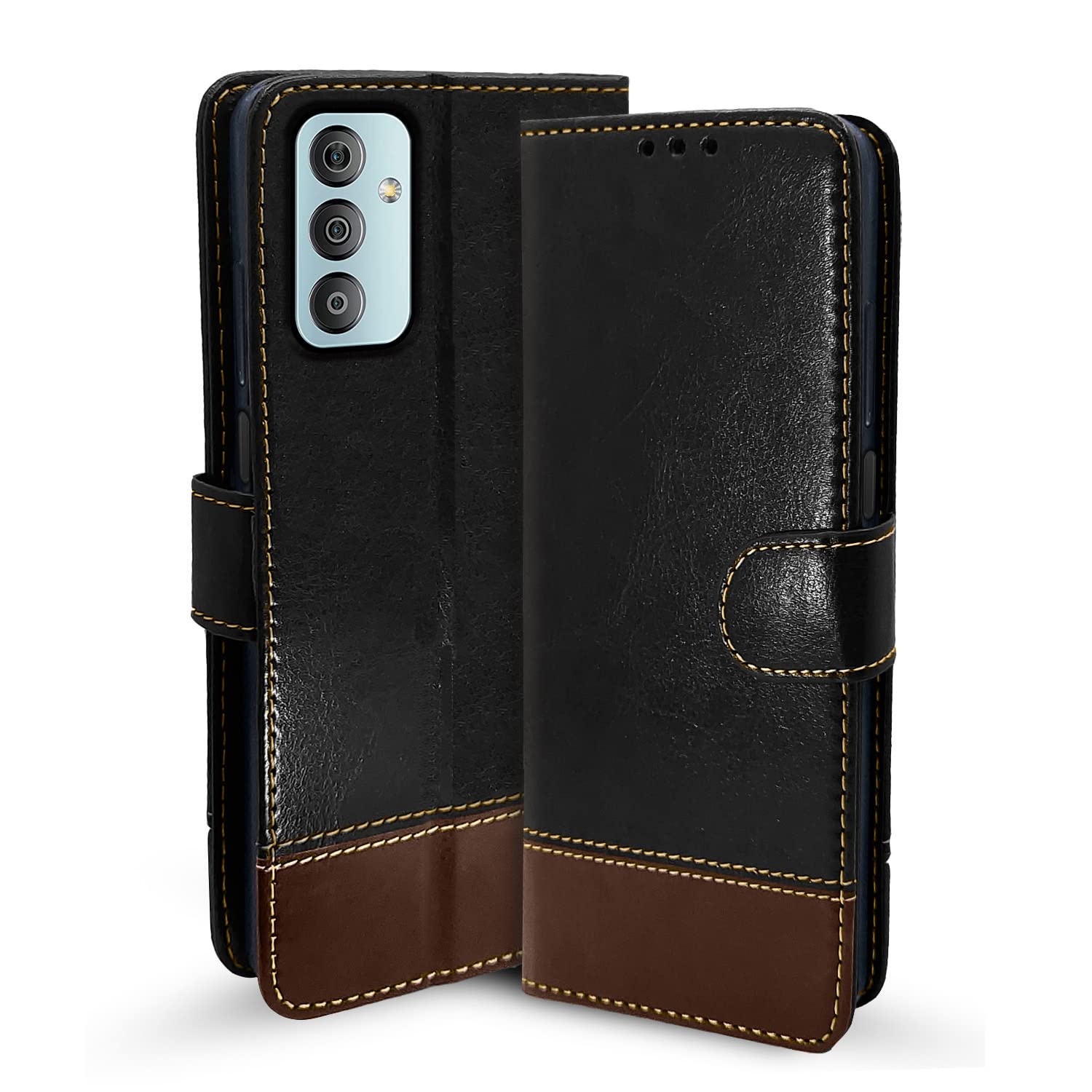 Samsung F13 Magnetic wallet flip cover in black & brown by Pikkme