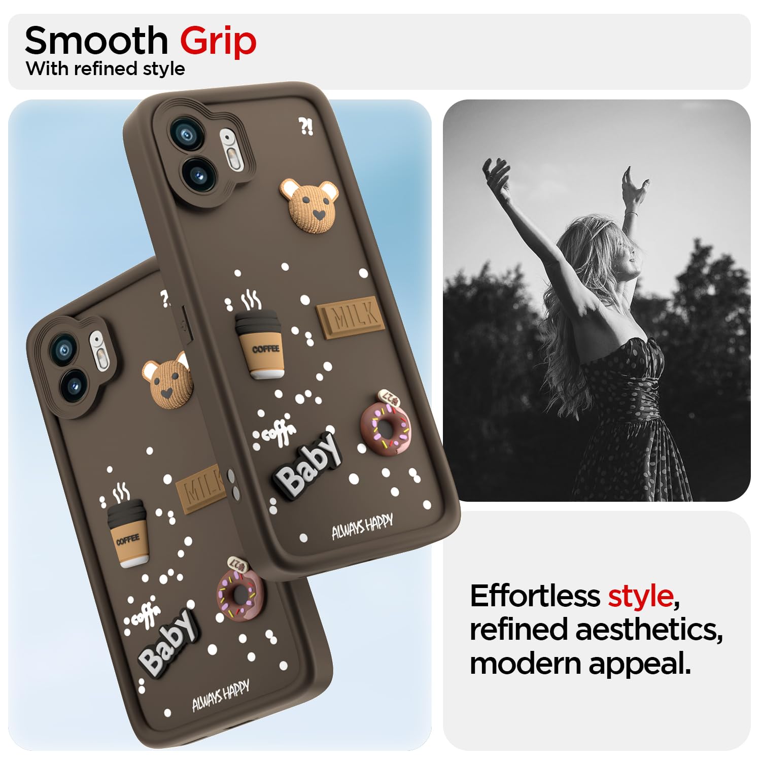 Pikkme Nothing Phone 2 Cute Fun Cartoon 3D Bear Coffee Back Cover (Brown)