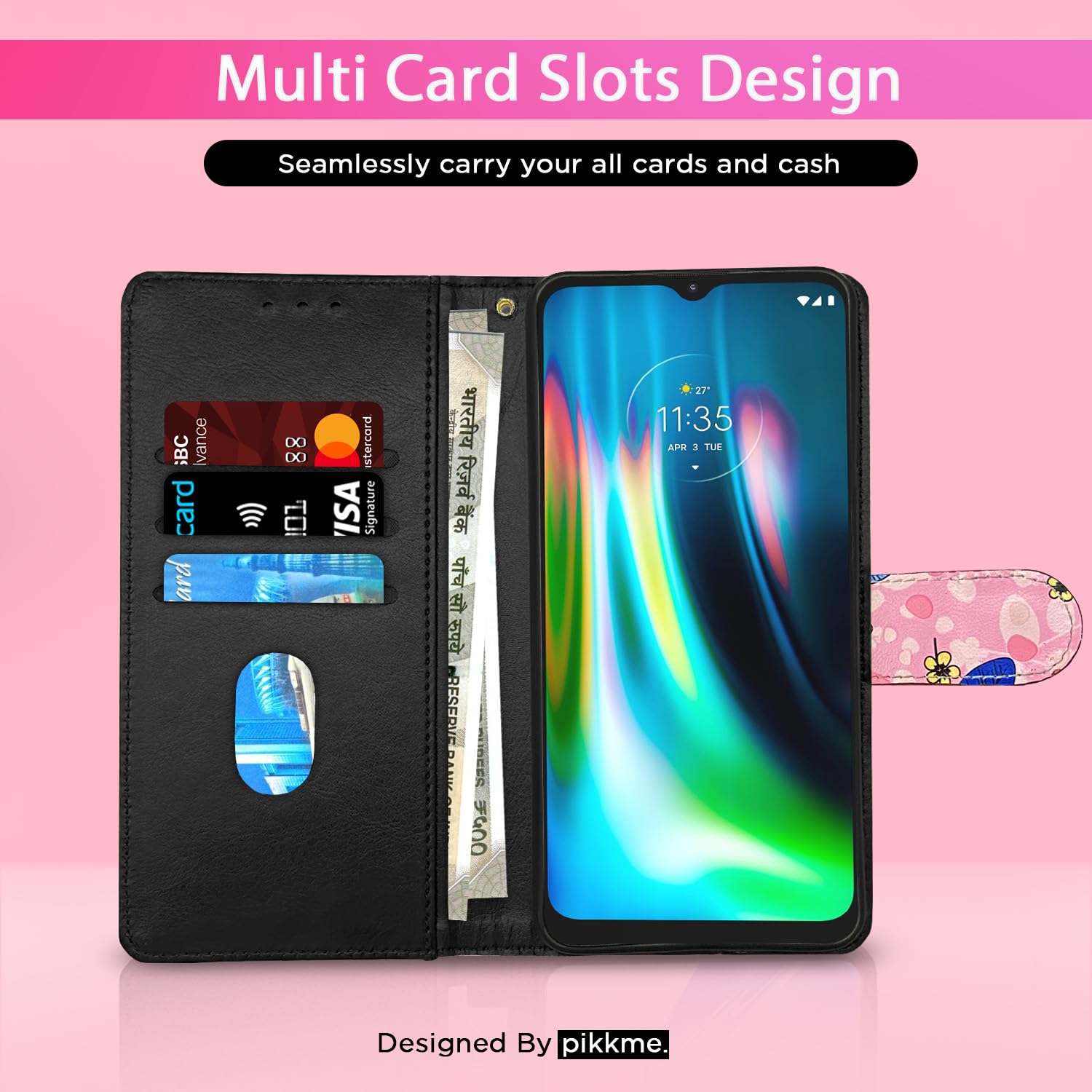 Pikkme Moto G9 pink flower wallet flip cover – photo 3
