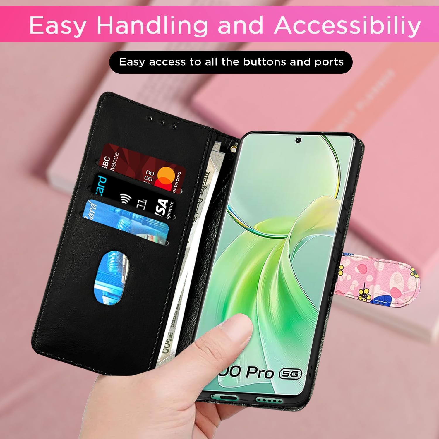 Pink flower wallet flip cover for Vivo Y200 Pro 5G – Pikkme – photo 7