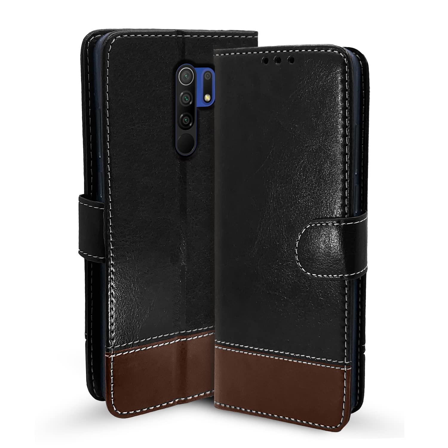 Redmi 9 Prime/Poco M2 wallet flip cover in black & brown by Pikkme