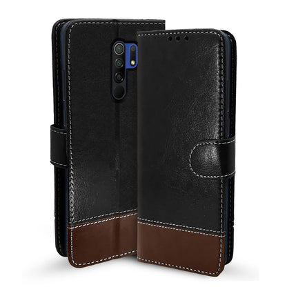 Redmi 9 Prime/Poco M2 wallet flip cover in black & brown by Pikkme