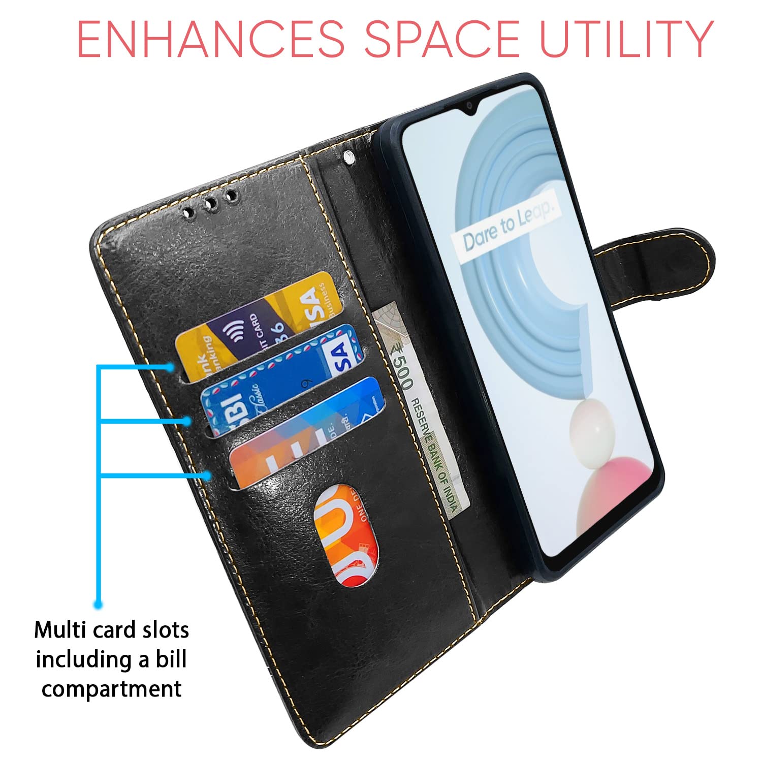 Realme C21y Magnetic mobile flip cover in black & brown by Pikkme – photo 3