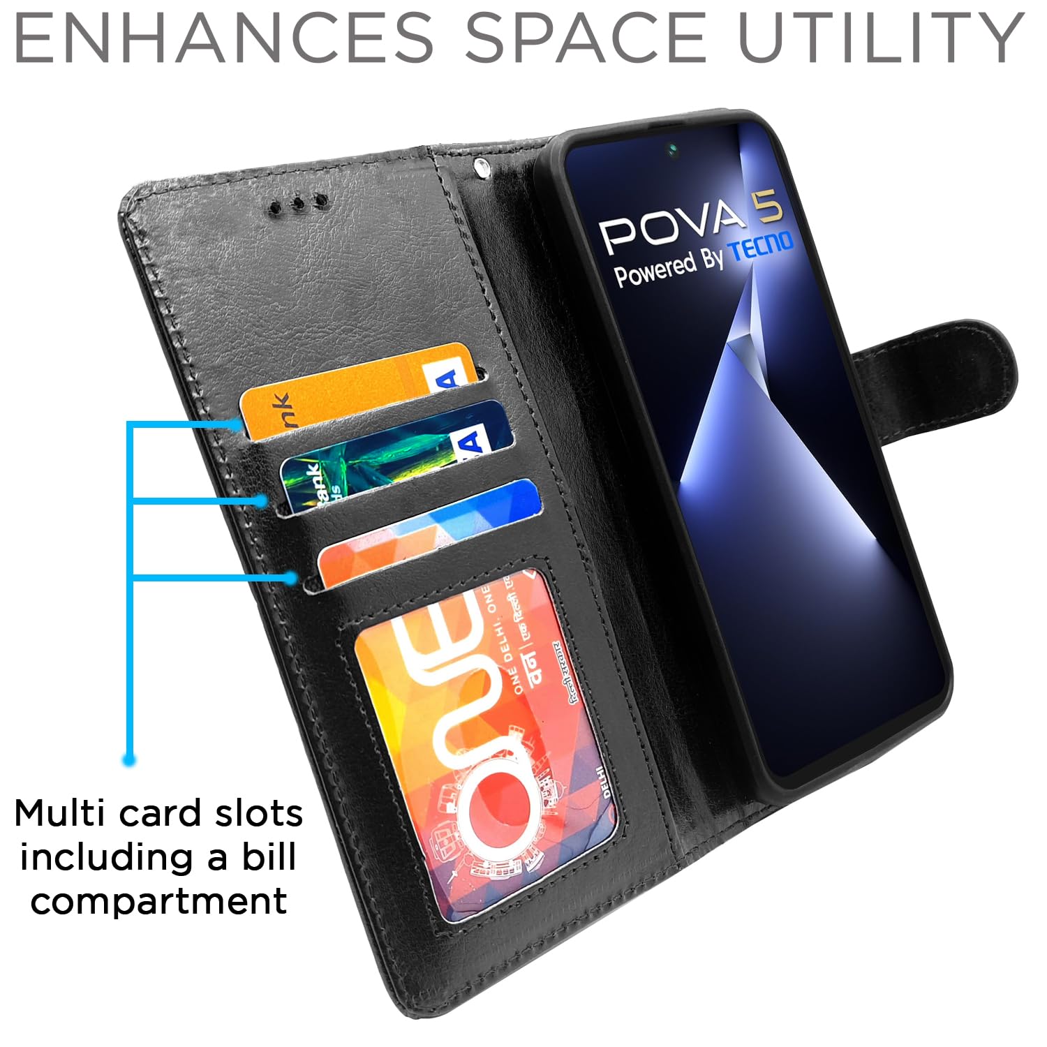Tecno Pova 5/Pova 5 Pro 5G Wallet wallet flip cover in black by Pikkme – photo 2