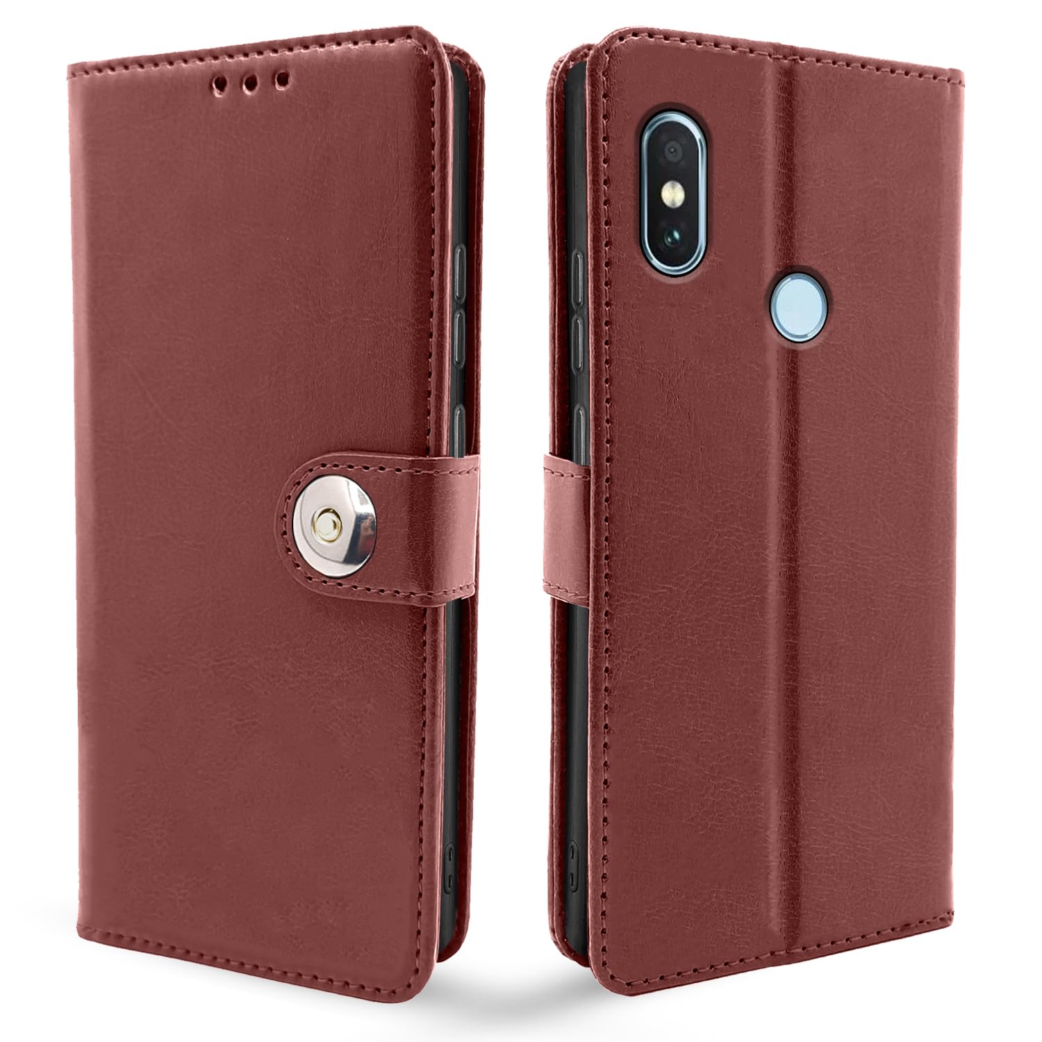 Redmi Note 5 Pro Wallet flip cover in button brown by Pikkme