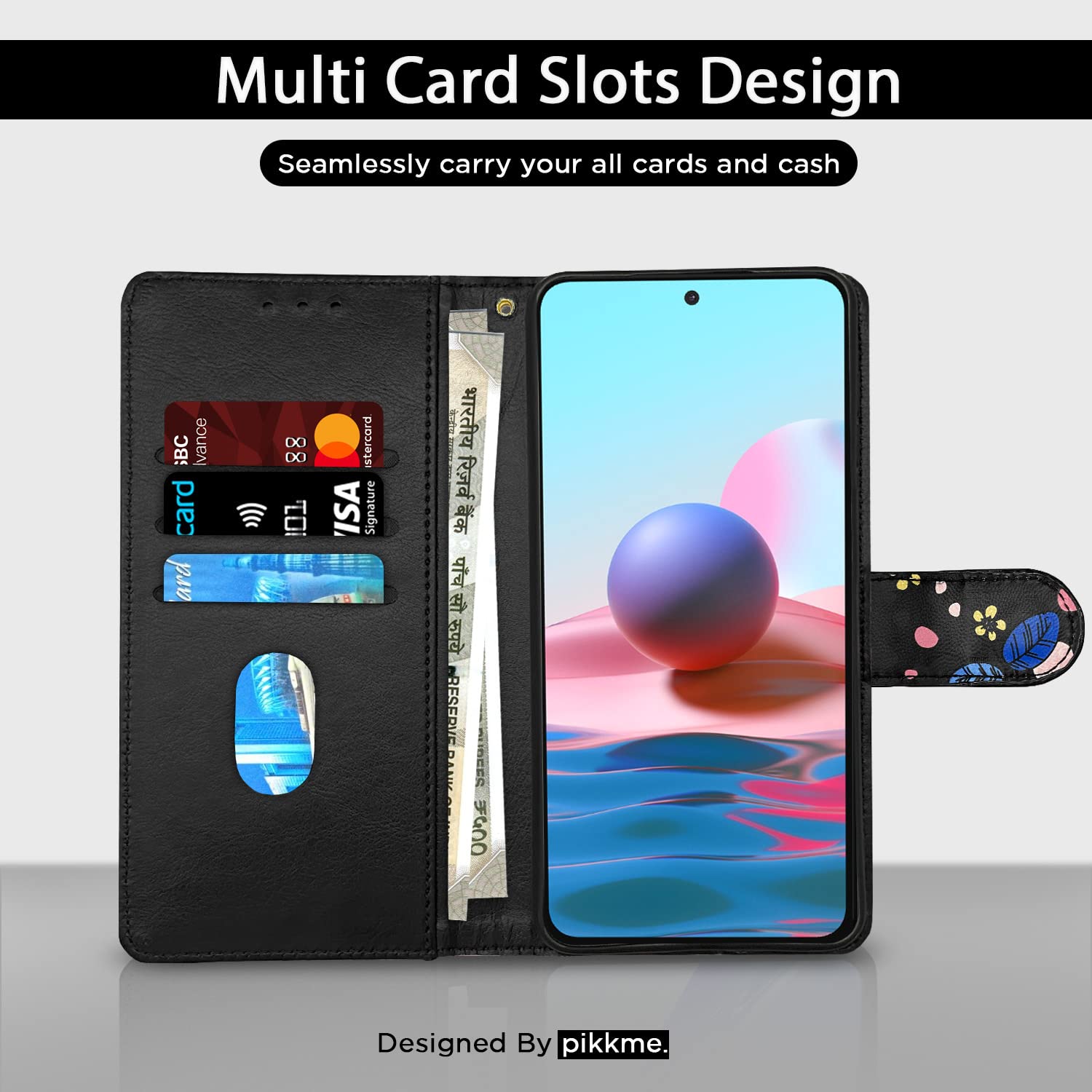 Redmi Note 10/Note 10s/Note 11 SE wallet flip cover in black flower by Pikkme – photo 2