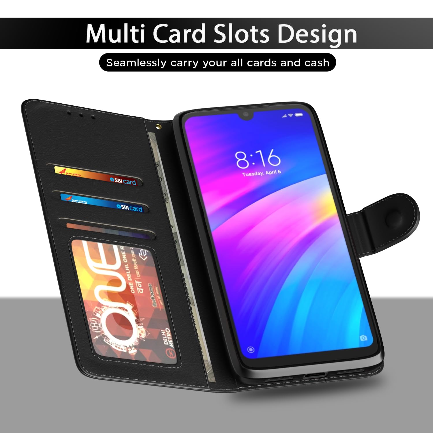 Redmi 7/Y3 Wallet mobile flip cover in black by Pikkme – photo 5