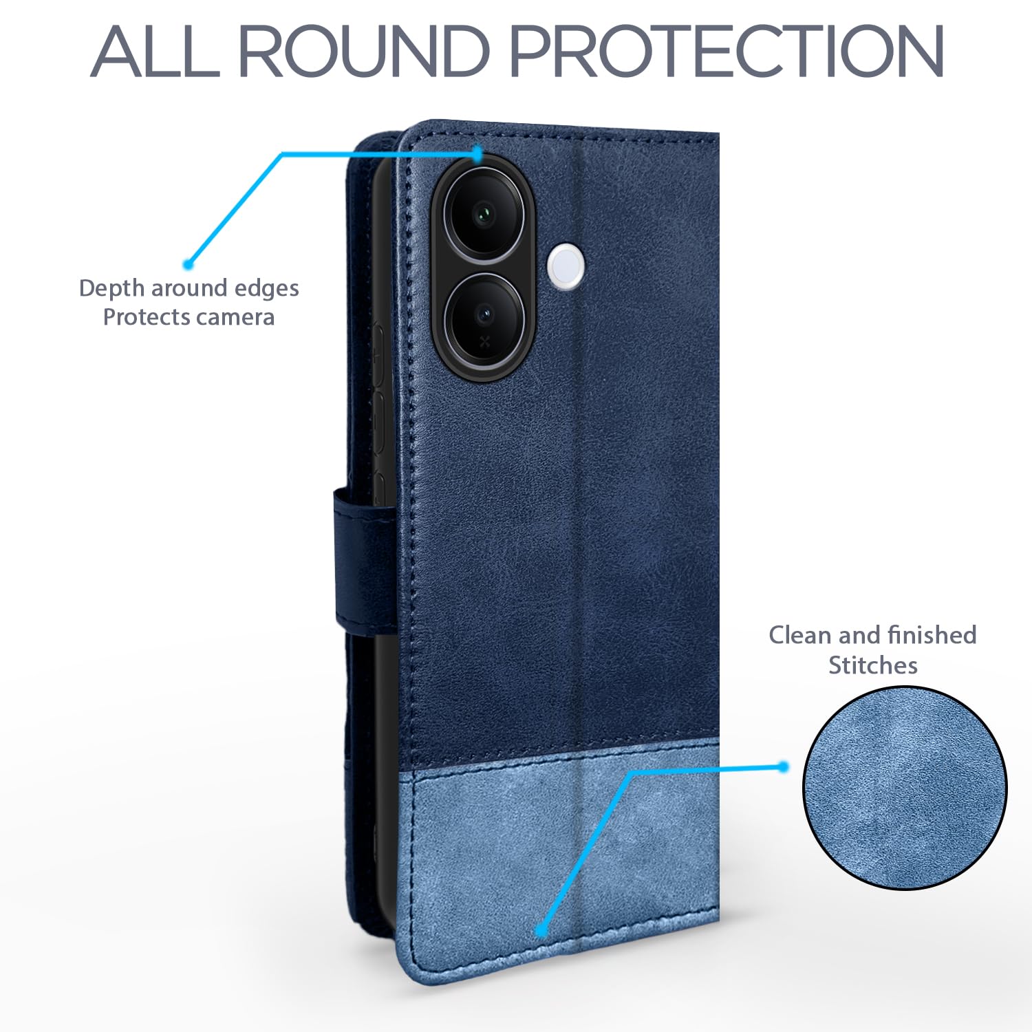 Vivo V60 Lite 5G Magnetic wallet flip cover in navy & light blue by Pikkme – photo 4