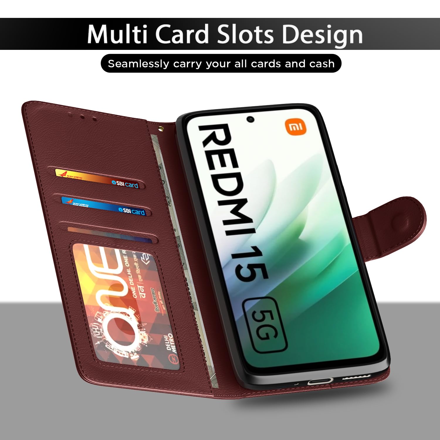 Pikkme brown Wallet mobile flip cover for Redmi 15 5G – photo 5