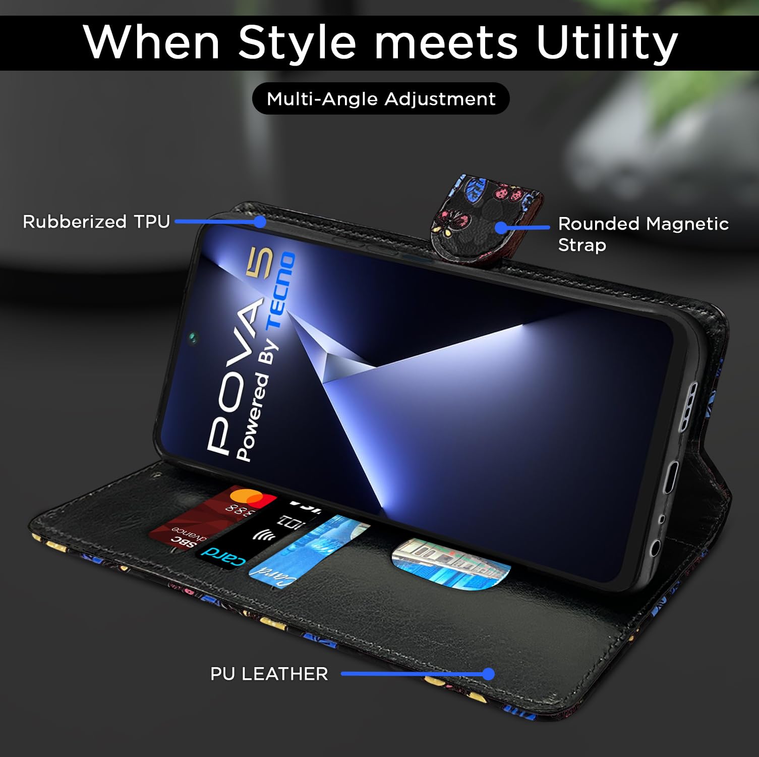 Pikkme black flower Wallet wallet flip cover for Tecno Pova 5/Pova 5 Pro 5G – photo 5