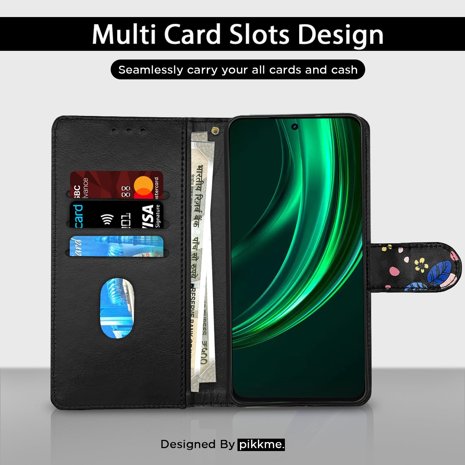 Realme 13 Plus 5G/P1 wallet flip cover in black flower by Pikkme – photo 2