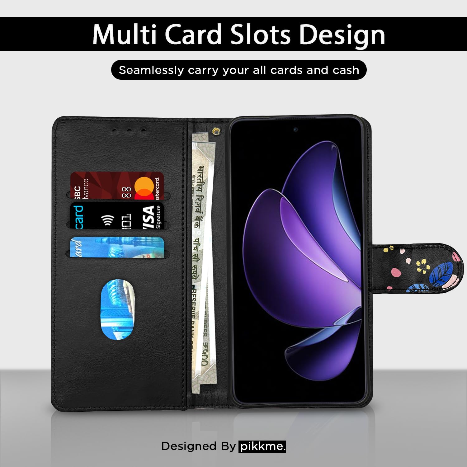 Black flower Wallet mobile flip cover for Oppo Reno 13F 5G – Pikkme – photo 2