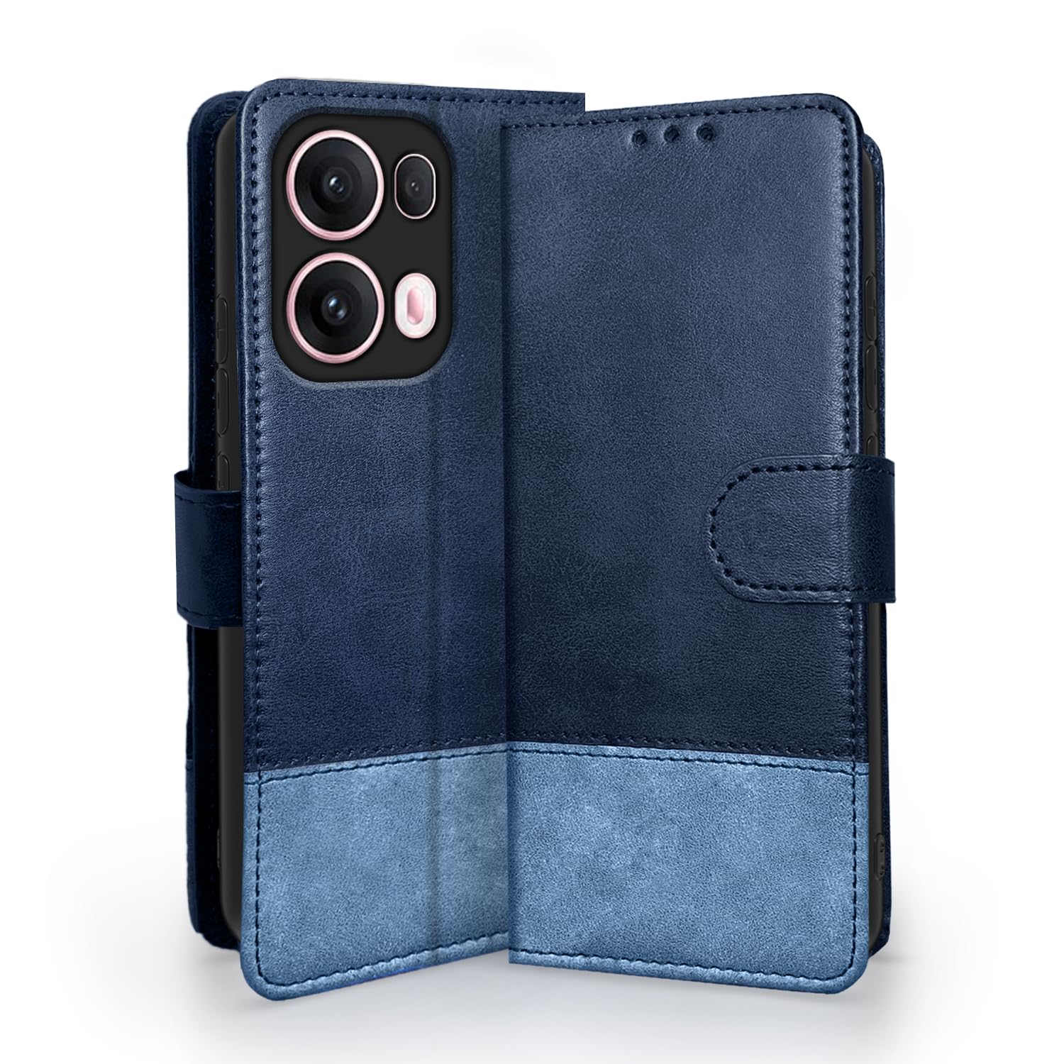 Oppo Reno 13 Pro 5G Magnetic wallet flip cover in navy & light blue by Pikkme