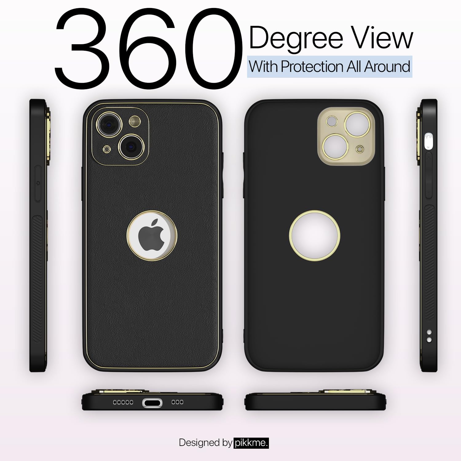 Pikkme iPhone 13 Gold Electroplated Premium Leather Chrome Back Cover (Black)