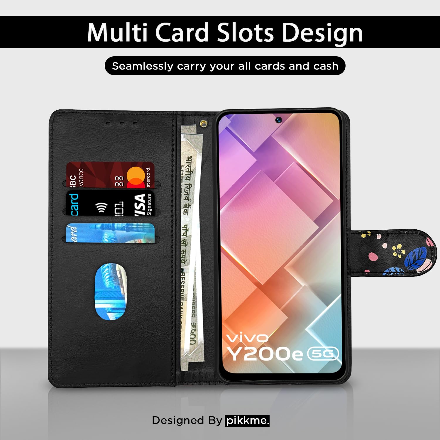 Vivo Y200e/Y200e 5G Wallet wallet flip cover in black flower by Pikkme – photo 2