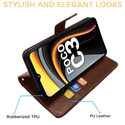Poco C3 Magnetic wallet flip cover in brown & coffee by Pikkme – photo 5