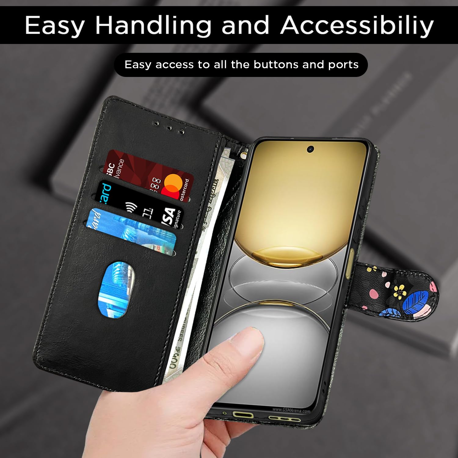 Realme C75 Wallet flip case in black flower by Pikkme – photo 4