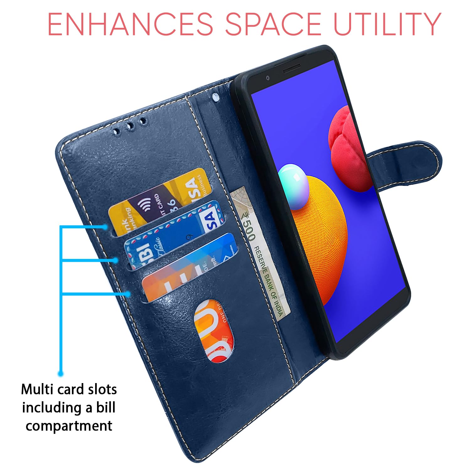 Blue & brown Magnetic wallet flip cover for Samsung M01 Core – Pikkme – photo 3