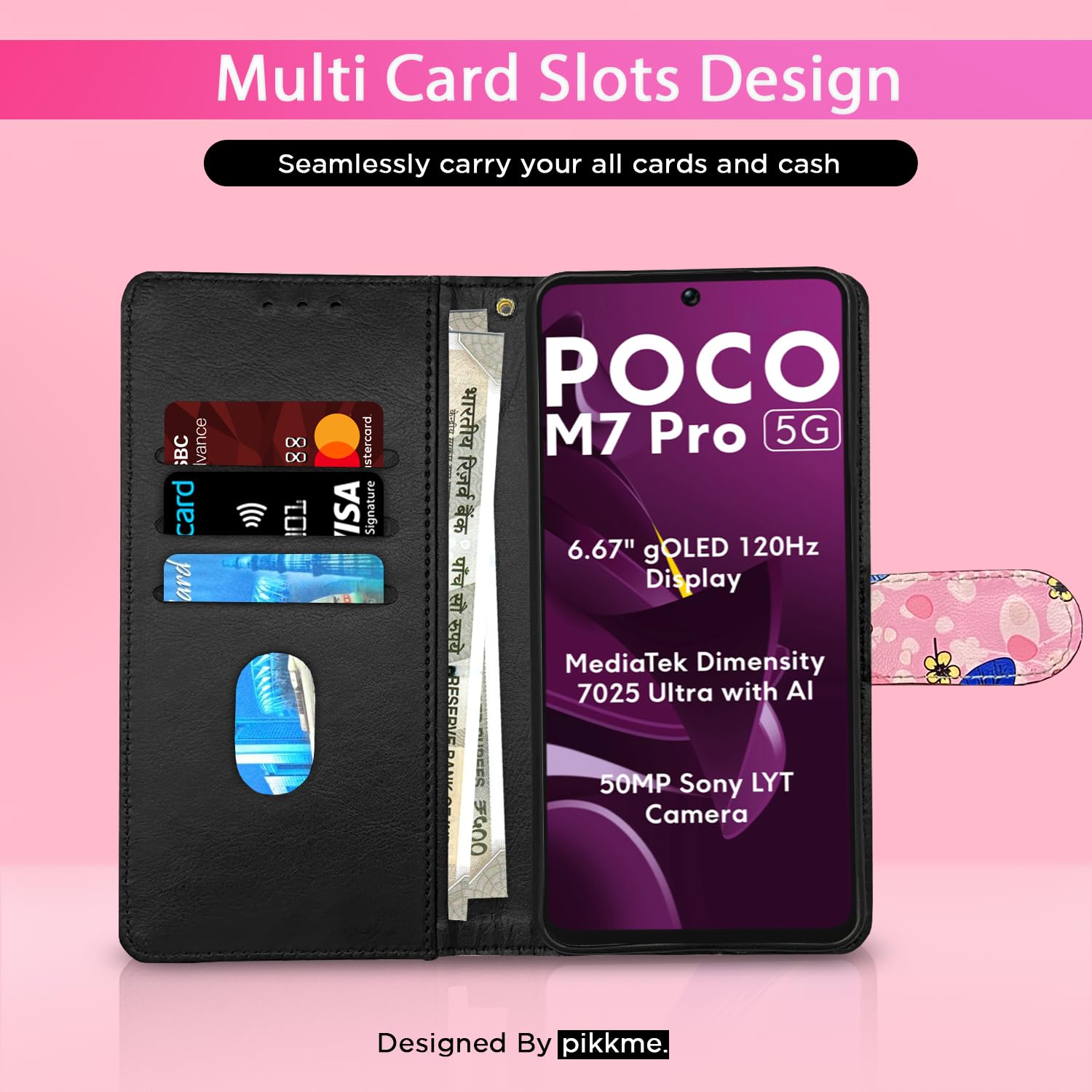Pikkme pink flower Wallet mobile flip cover for POCO M7 Pro 5G – photo 2