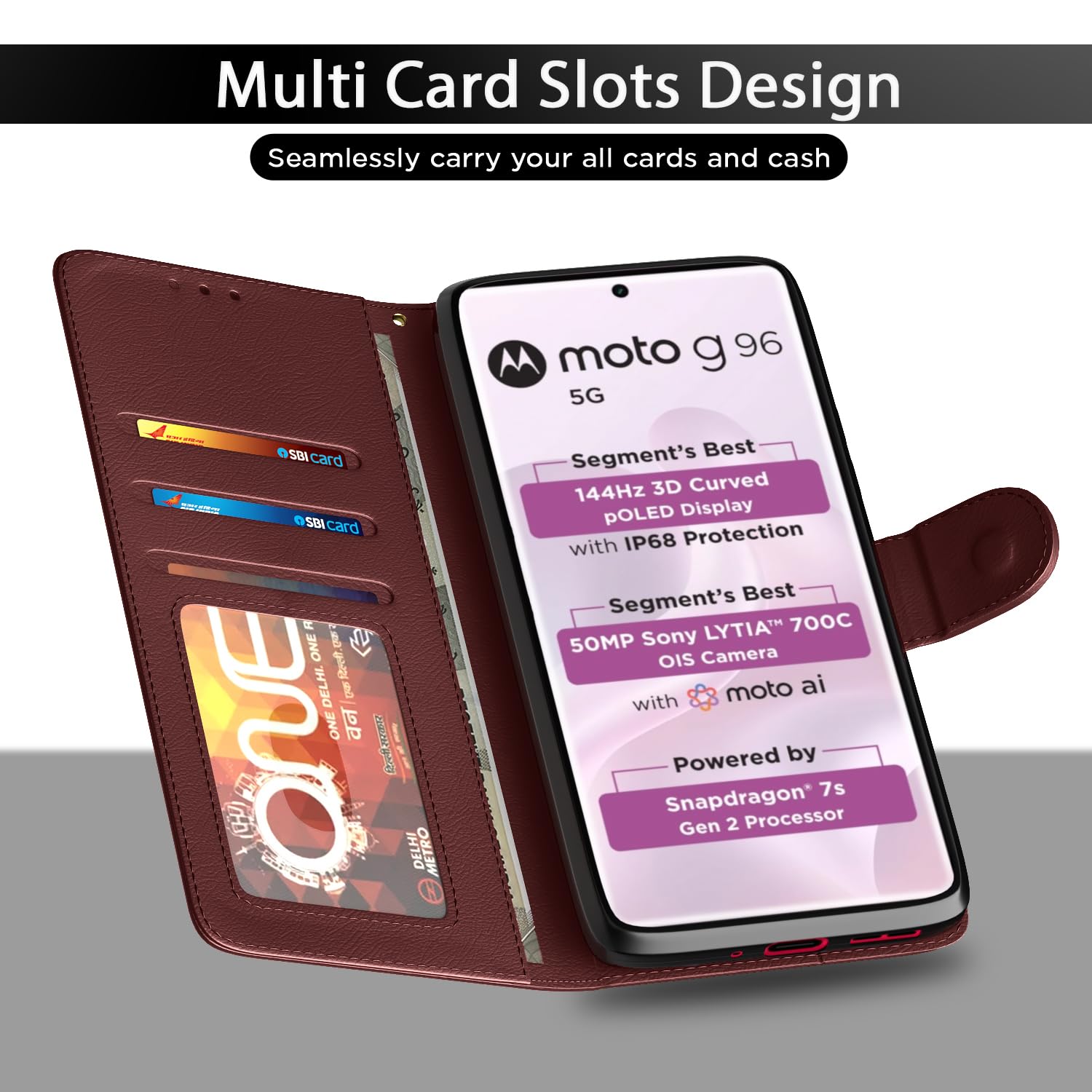 Moto Edge 50 Fusion/G96 5G Wallet flip cover in brown by Pikkme – photo 5