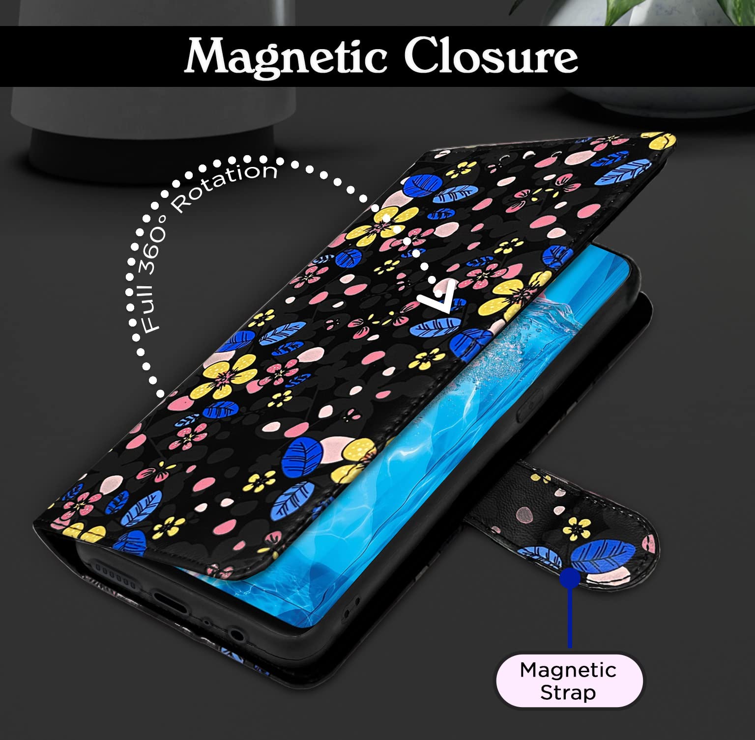 Pikkme black flower wallet flip cover for Oppo F9/F9 Pro, Realme 2/2 Pro/U1 – photo 3