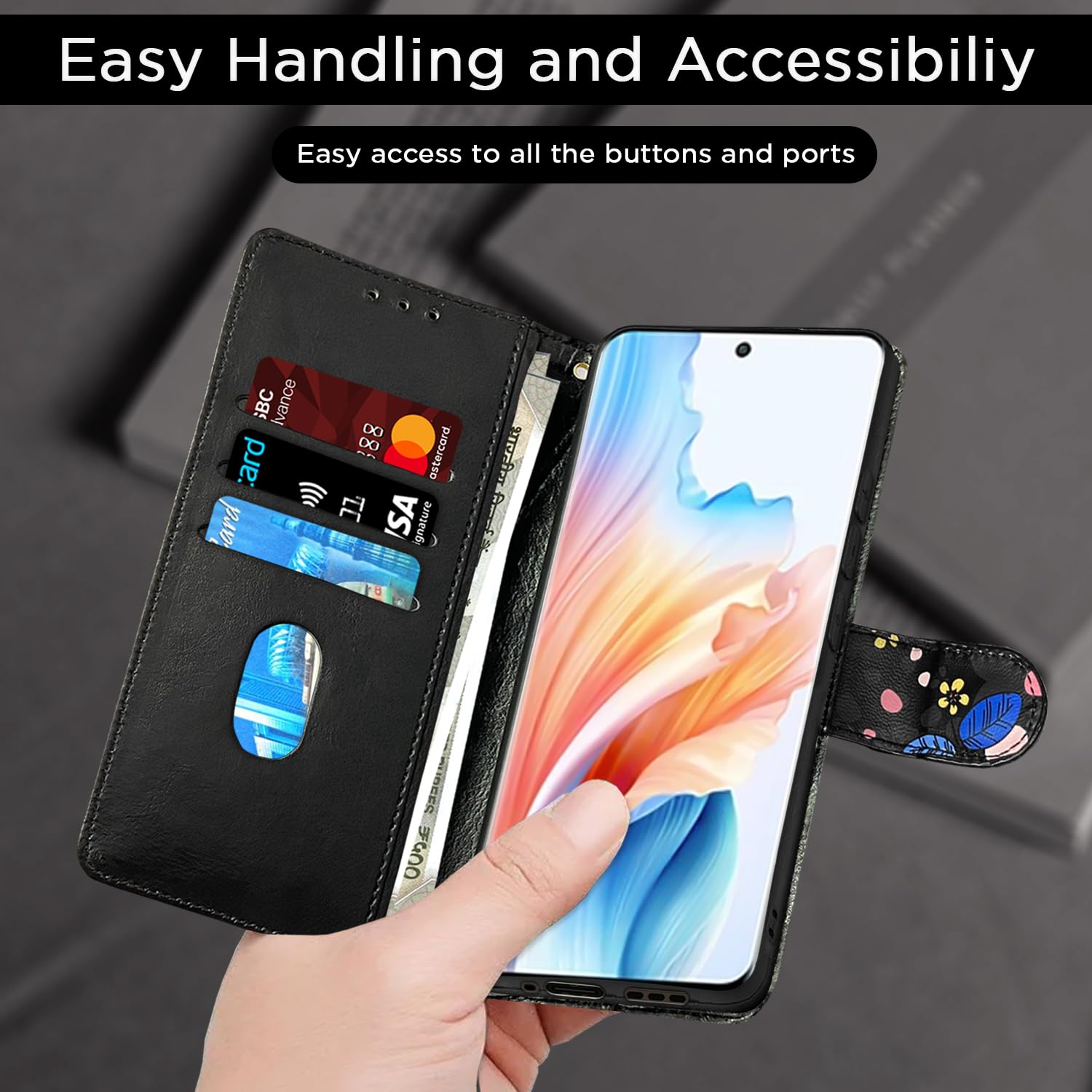Pikkme Oppo A2 Pro 5G Wallet black flower flip case – photo 6