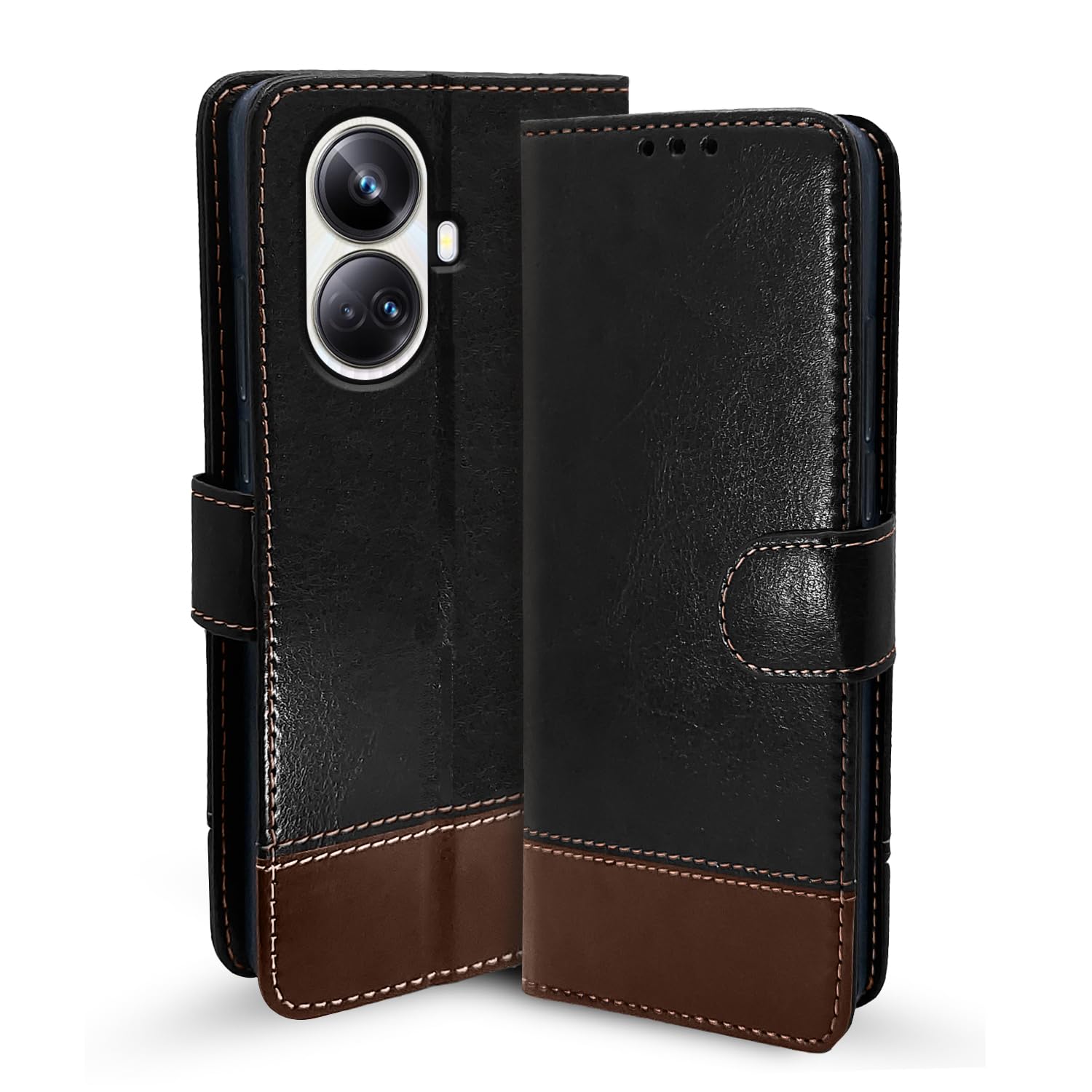 Realme 10 Pro Plus 5G Magnetic mobile flip cover in black & brown by Pikkme