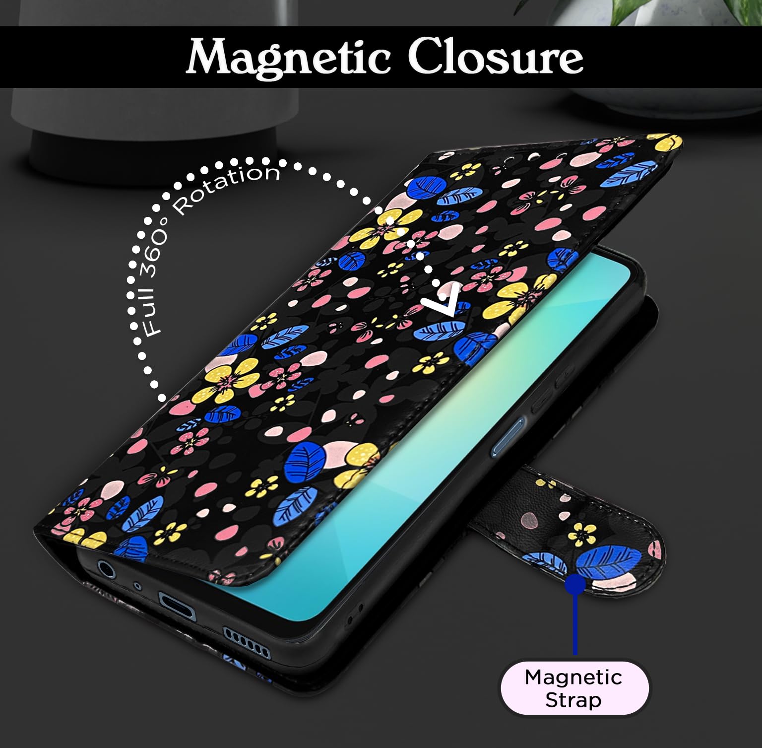 Black flower wallet flip cover for Samsung A06 – Pikkme – photo 6