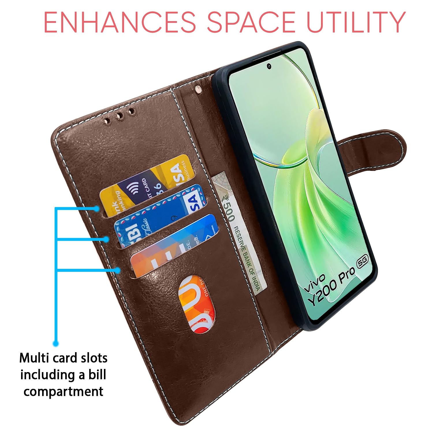 Vivo Y200 Pro 5G Magnetic mobile flip cover in brown & coffee by Pikkme – photo 4