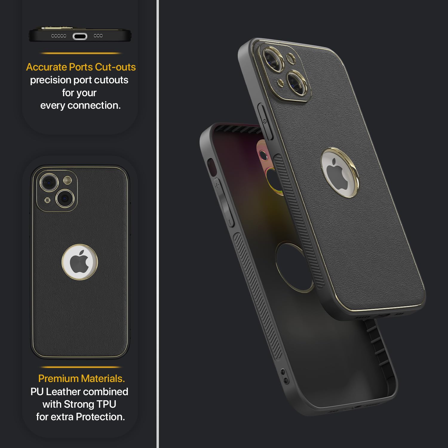 Pikkme iPhone 13 Gold Electroplated Premium Leather Chrome Back Cover (Black)