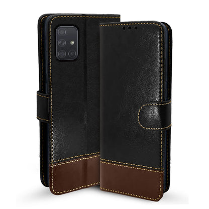 Pikkme Samsung Galaxy A71 Contrast Premium Leather Magnetic Flip Cover (Black & Brown)