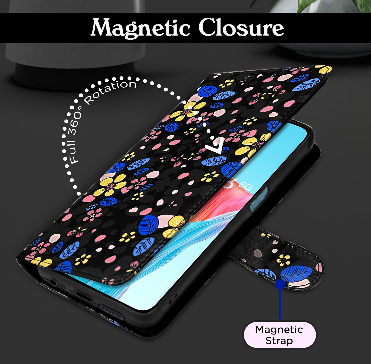 Pikkme Oppo F23 5G black flower mobile flip cover – photo 6