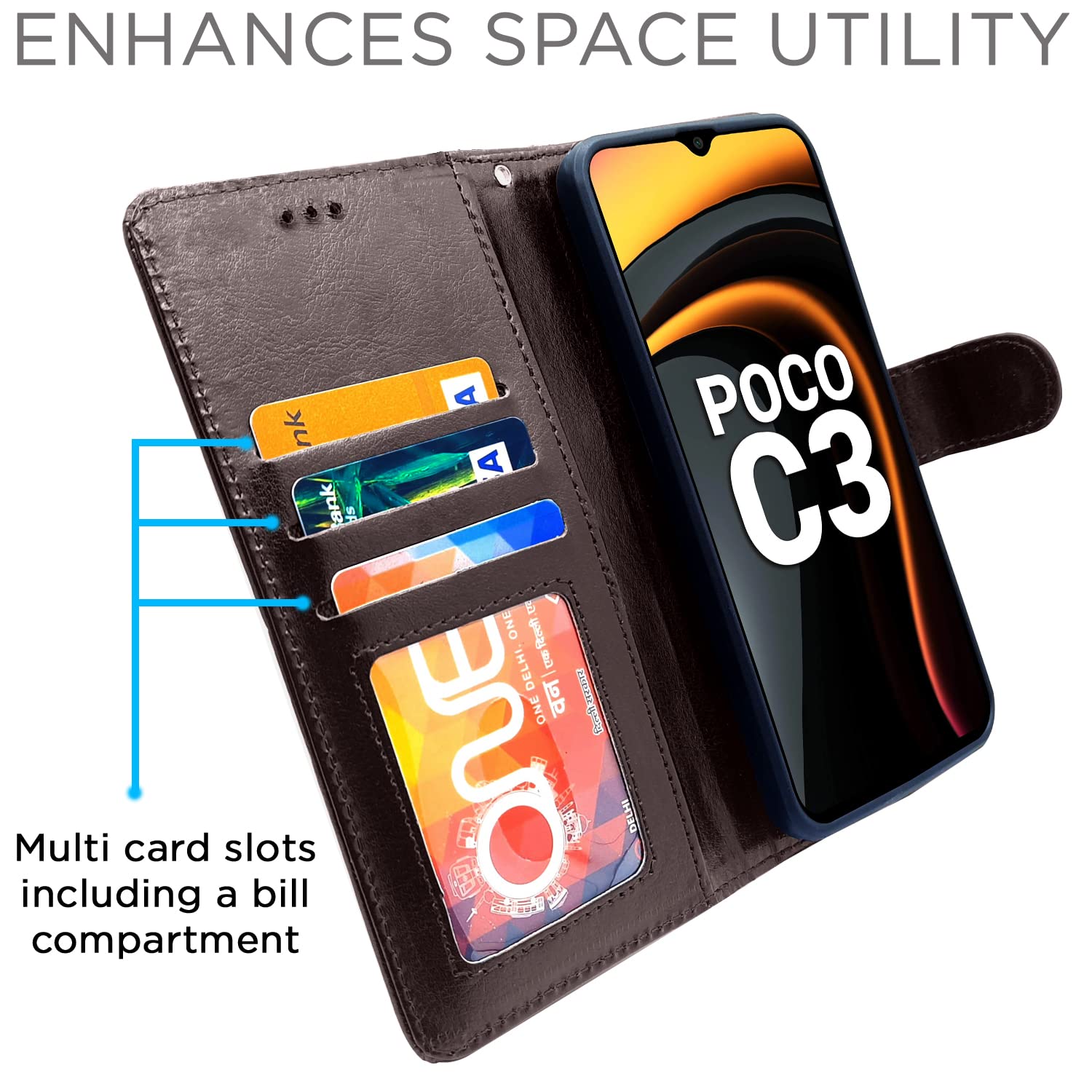 Pikkme Poco C3 Vintage Flip Cover (Coffee)