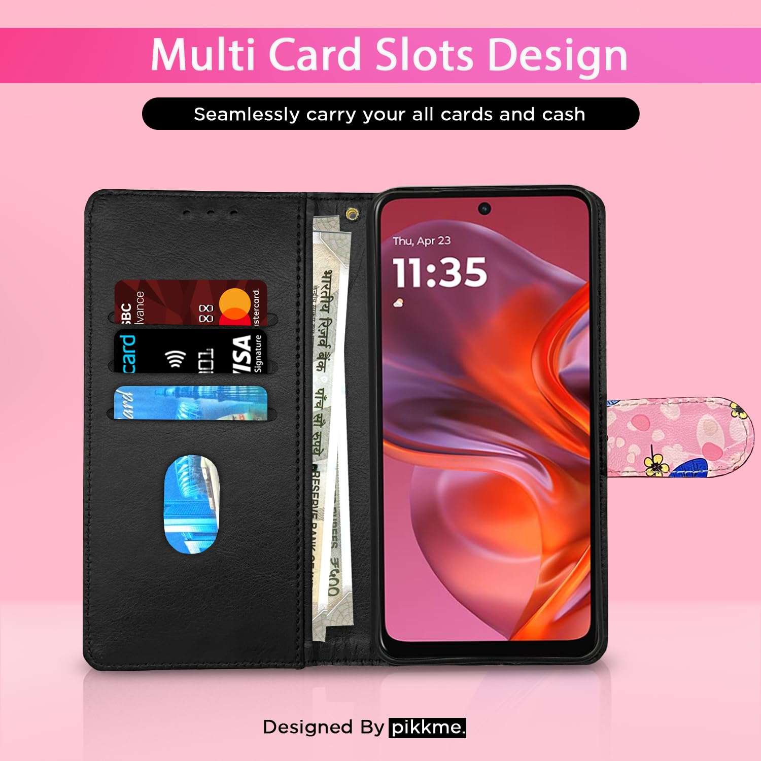 Pink flower Wallet mobile flip cover for Moto G15 – Pikkme – photo 2