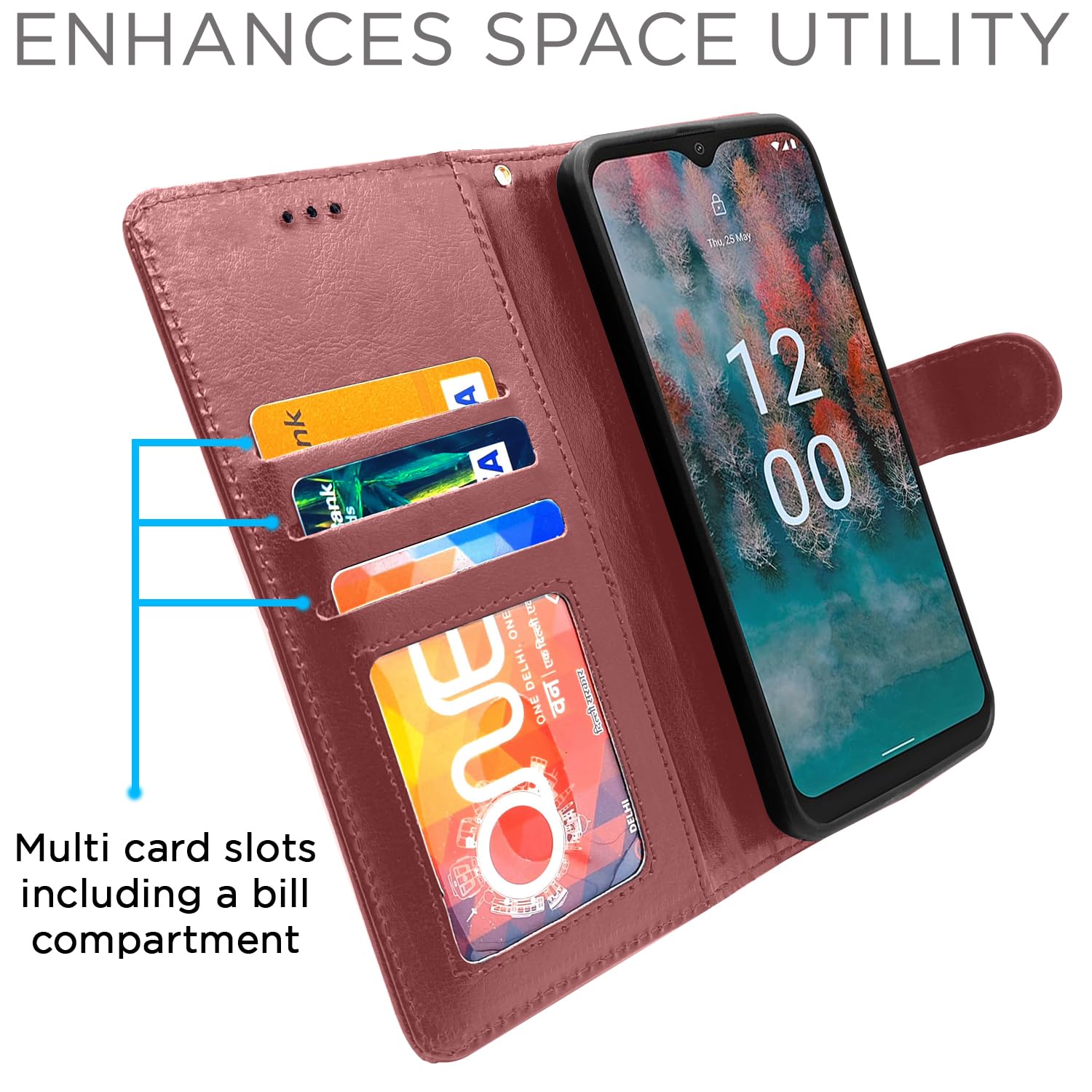 Nokia C12/C12 Pro Wallet flip cover in brown by Pikkme – photo 3