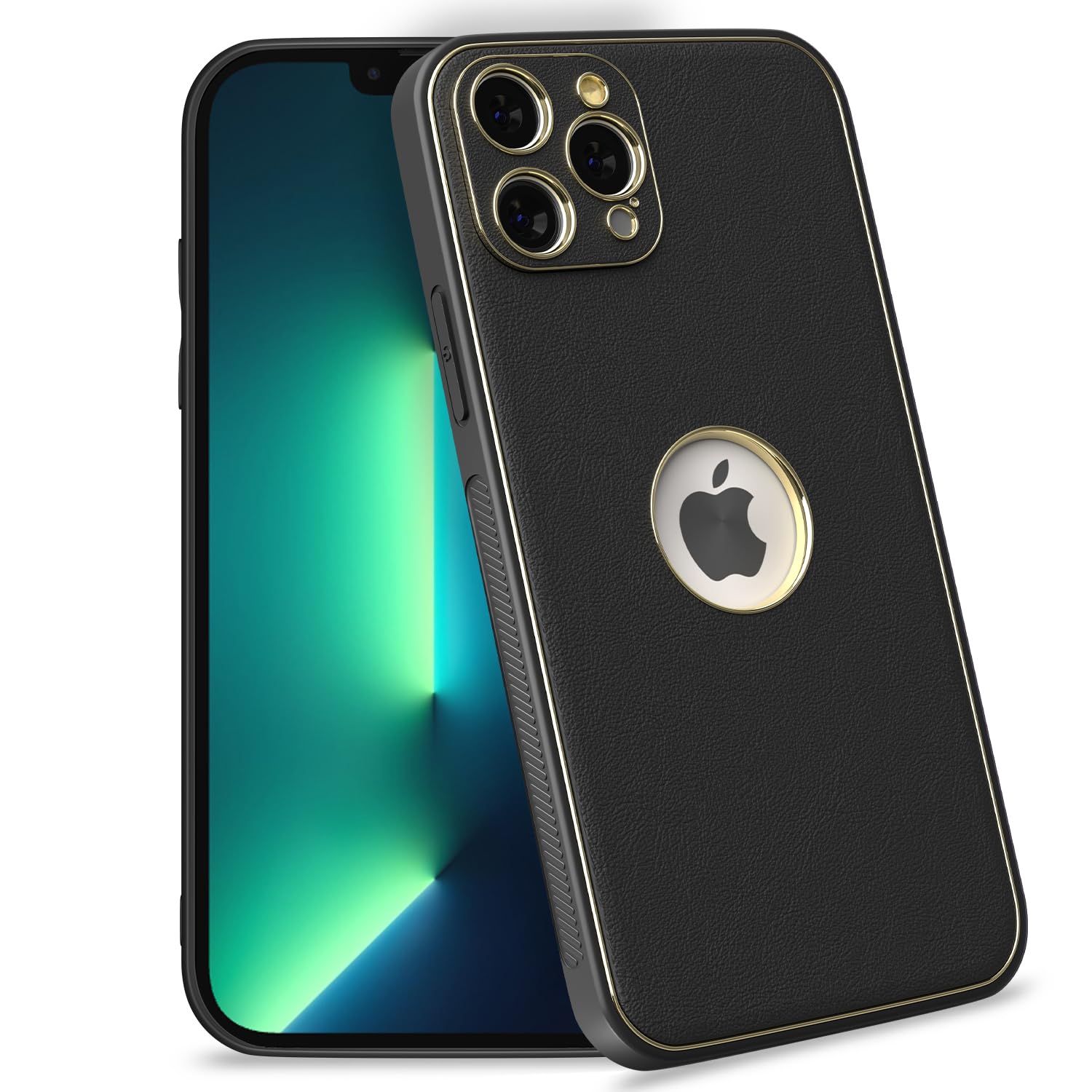 Pikkme iPhone 13 Pro Max Gold Electroplated Premium Leather Chrome Back Cover (Black)