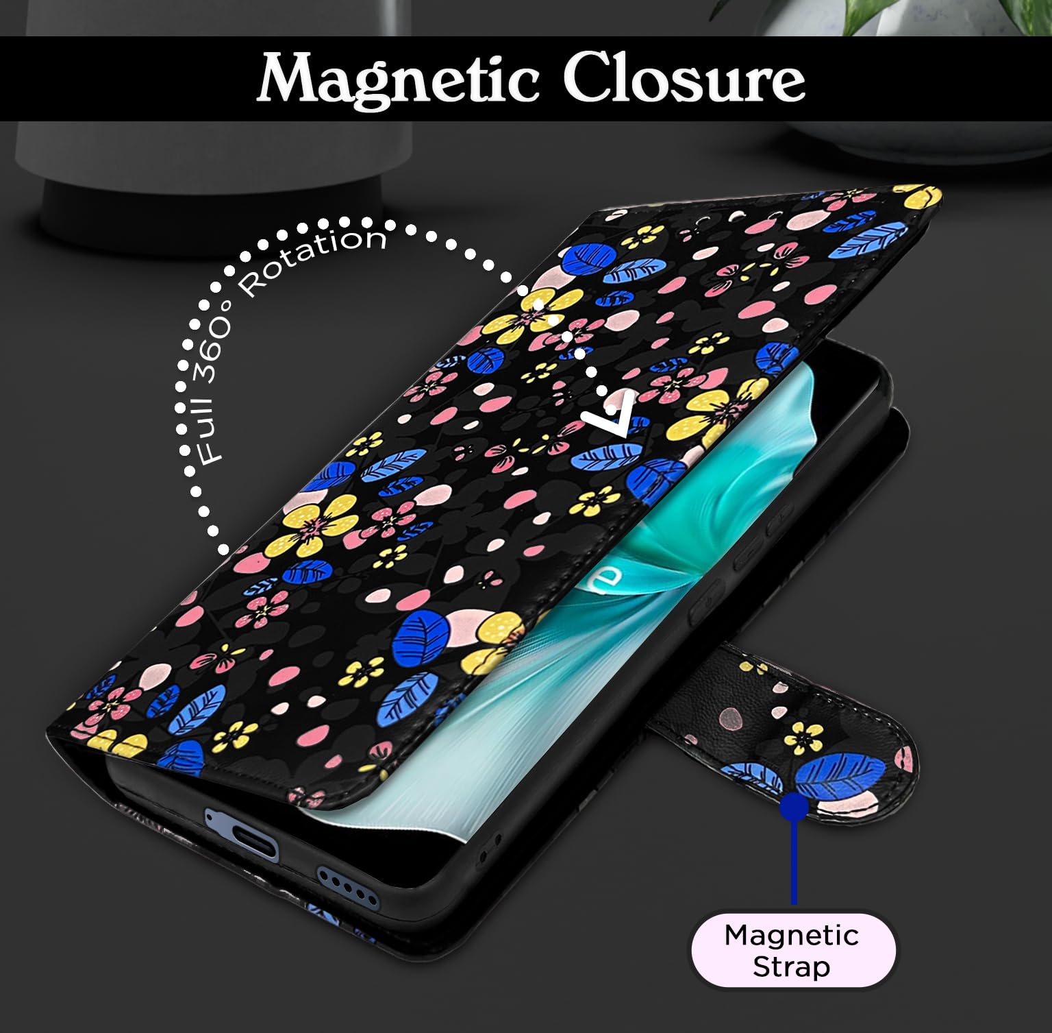 Vivo V30 5G Wallet flip case in black flower by Pikkme – photo 3