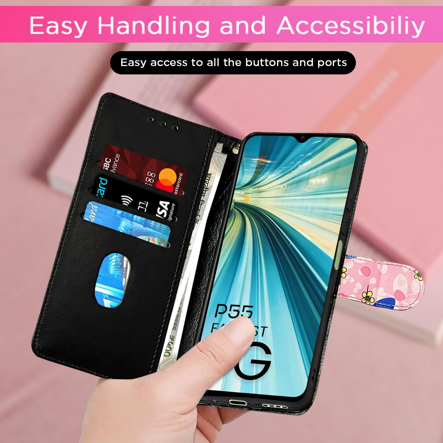 Pink flower Wallet wallet flip cover for Itel P55 5G – Pikkme – photo 4