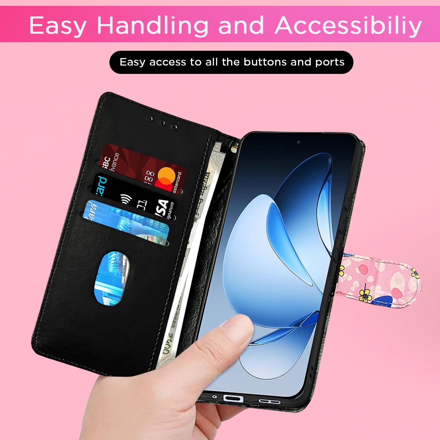 Pink flower Wallet wallet flip cover for Oppo Reno 13 5G – Pikkme – photo 7