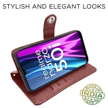 Brown Magnetic wallet flip cover for Realme Narzo 50i – Pikkme – photo 5