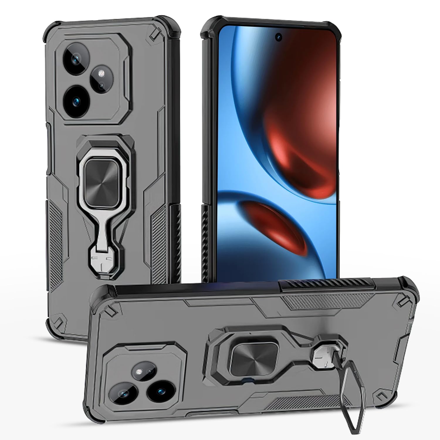 Pikkme Realme GT 7 5G / GT 7T 5G D15 Tough Armor Kisckstand Back Cover (Black)