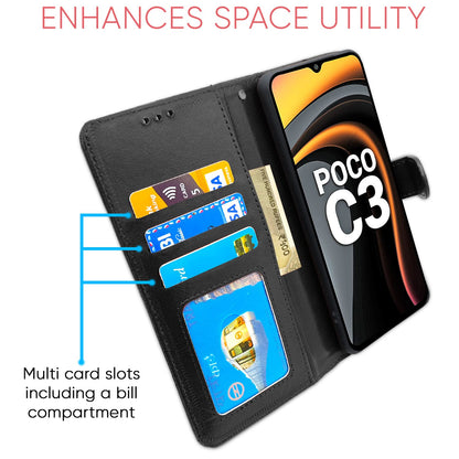Pikkme Poco C3 Vintage Flip Cover (Black)