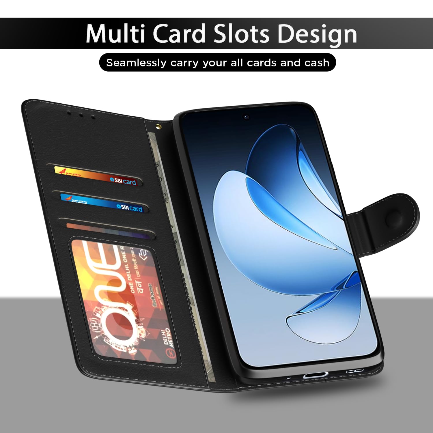 Oppo Reno 13 5G Wallet mobile flip cover in black by Pikkme – photo 5